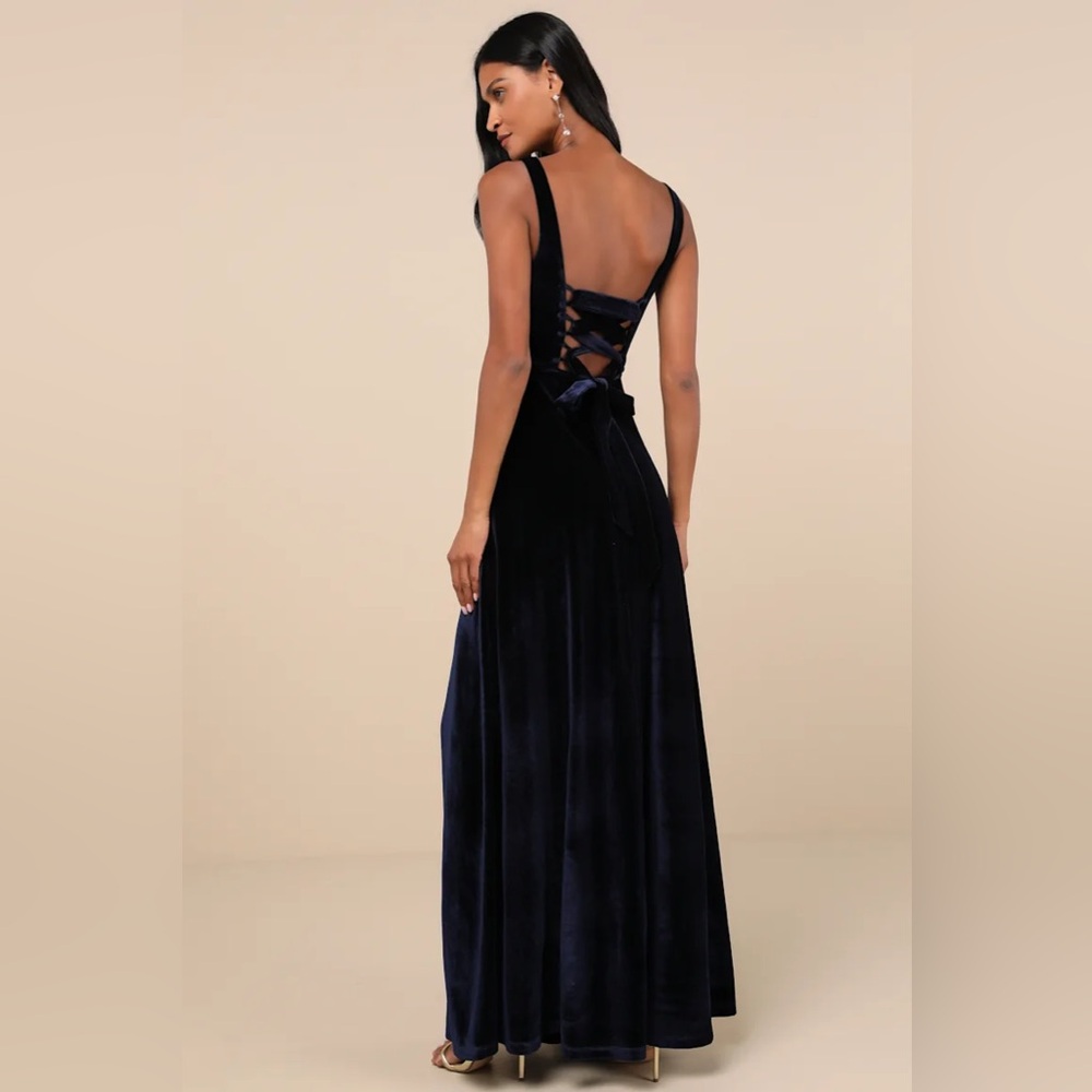 Graceful Invite Navy Blue Velvet Square Neck Lace-Up Maxi Dress